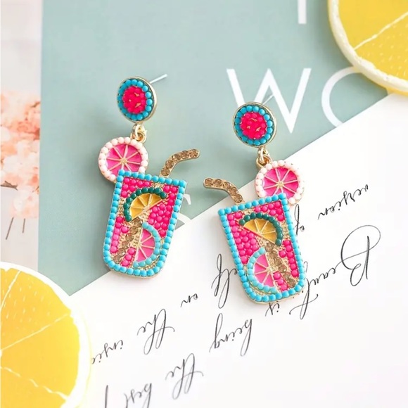 Fashion Jewelry Jewelry - Rose Red Summer Tropical Drink Beaded Dangle Earrings
